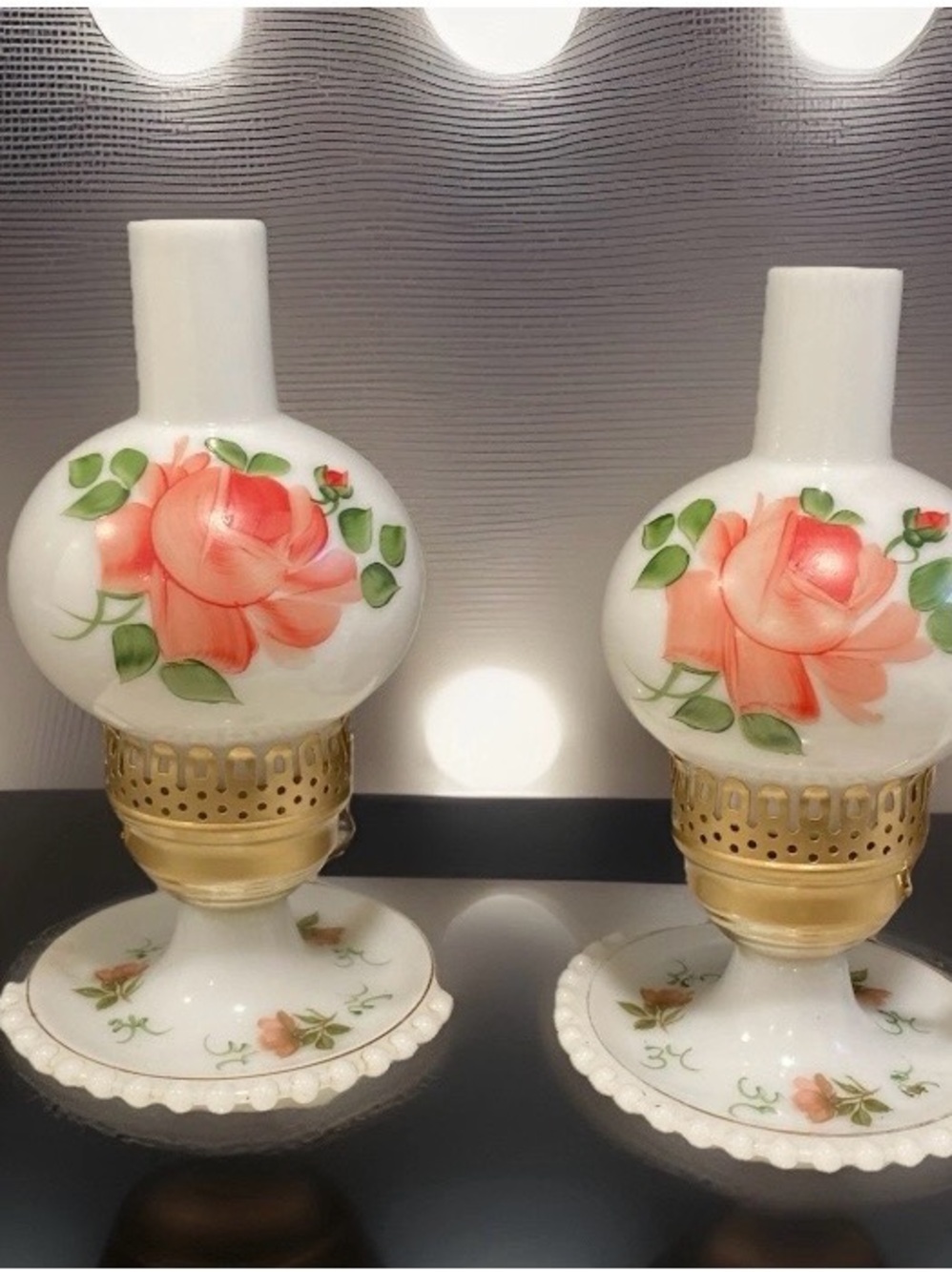 Vintage pair Hurricane Milk Glass Hand Painted Floral table/boudoir lamps.